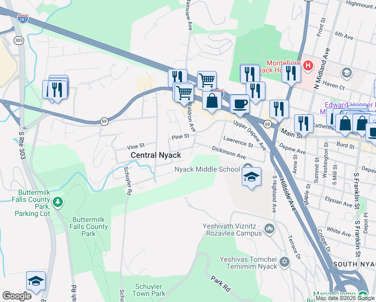 map of restaurants, bars, coffee shops, grocery stores, and more near 17 Waldron Avenue in Nyack