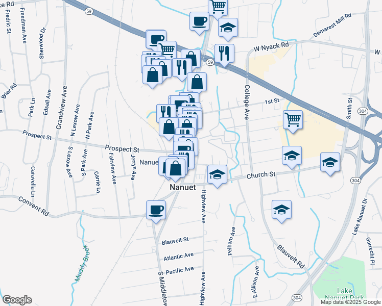 map of restaurants, bars, coffee shops, grocery stores, and more near 172 Main Street in Nanuet