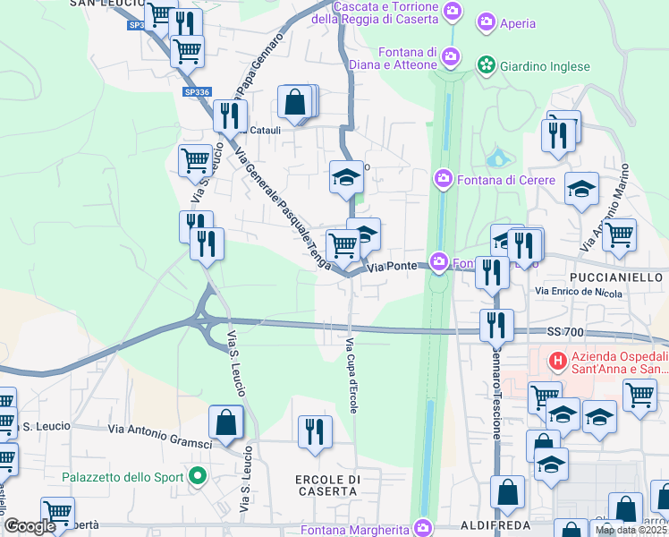 map of restaurants, bars, coffee shops, grocery stores, and more near Strada Statale 87 in Caserta