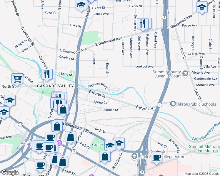 map of restaurants, bars, coffee shops, grocery stores, and more near 146 Elizabeth Parkway in Akron