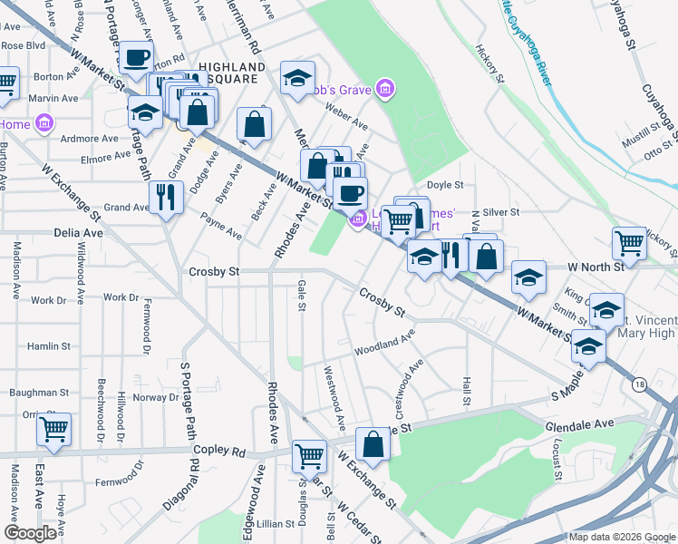 map of restaurants, bars, coffee shops, grocery stores, and more near 525 Crosby Street in Akron