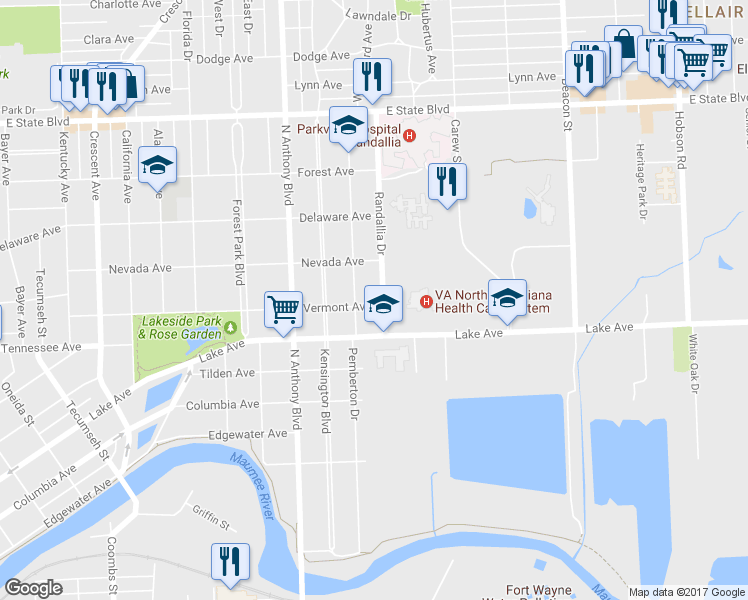 map of restaurants, bars, coffee shops, grocery stores, and more near 1605 Randallia Drive in Fort Wayne