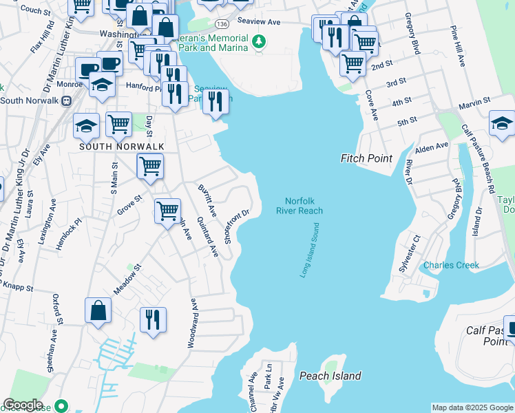map of restaurants, bars, coffee shops, grocery stores, and more near 40 Shorefront Park in Norwalk
