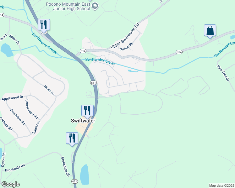 map of restaurants, bars, coffee shops, grocery stores, and more near Discovery Drive in Swiftwater