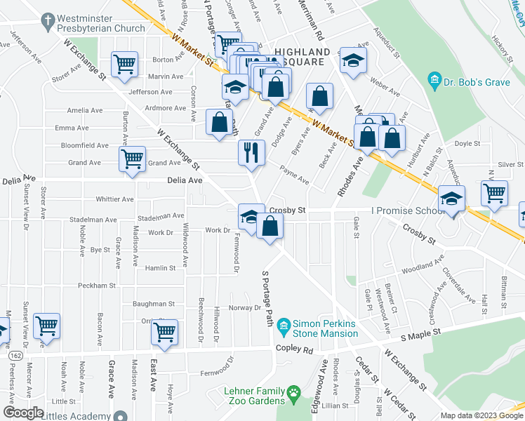 map of restaurants, bars, coffee shops, grocery stores, and more near South Portage Path in Akron