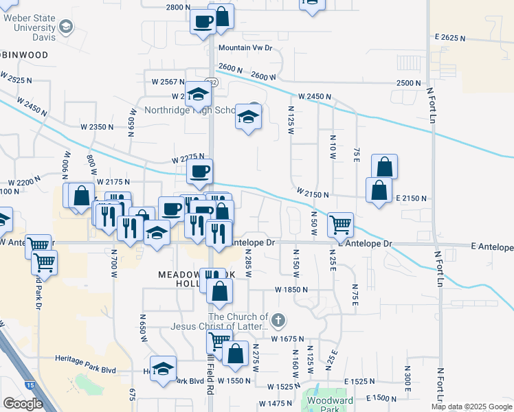 map of restaurants, bars, coffee shops, grocery stores, and more near 288 Antelope Drive in Layton