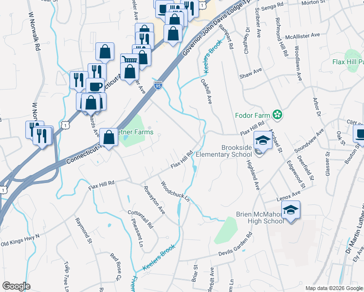 map of restaurants, bars, coffee shops, grocery stores, and more near 429 Flax Hill Road in Norwalk