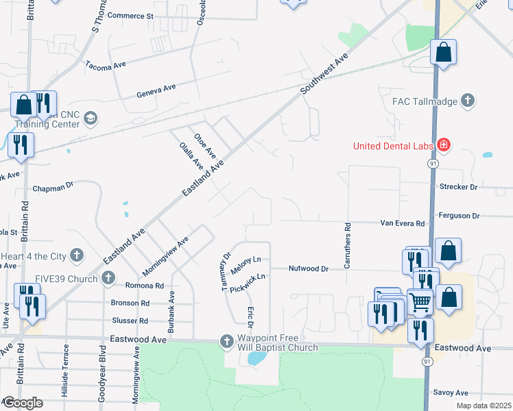 map of restaurants, bars, coffee shops, grocery stores, and more near 1141 Morningview Avenue in Akron
