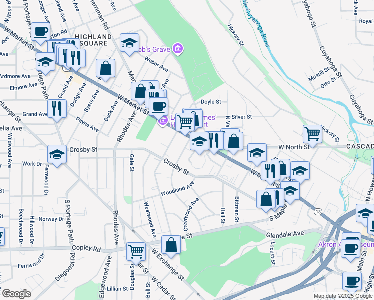 map of restaurants, bars, coffee shops, grocery stores, and more near 23 Oakdale Avenue in Akron