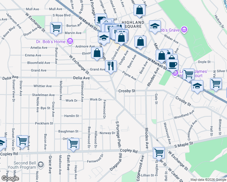 map of restaurants, bars, coffee shops, grocery stores, and more near 240 South Portage Path in Akron