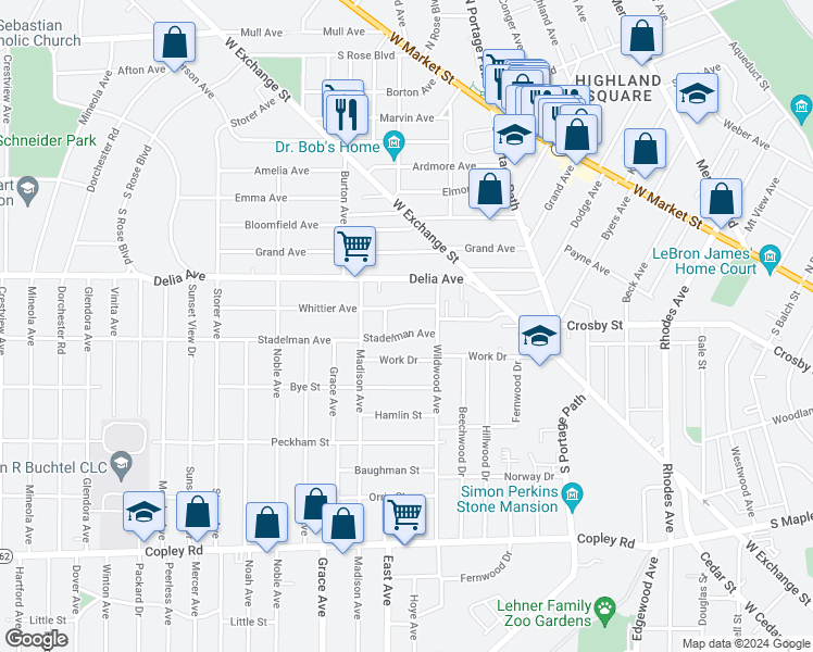 map of restaurants, bars, coffee shops, grocery stores, and more near 265 Norma Avenue in Akron