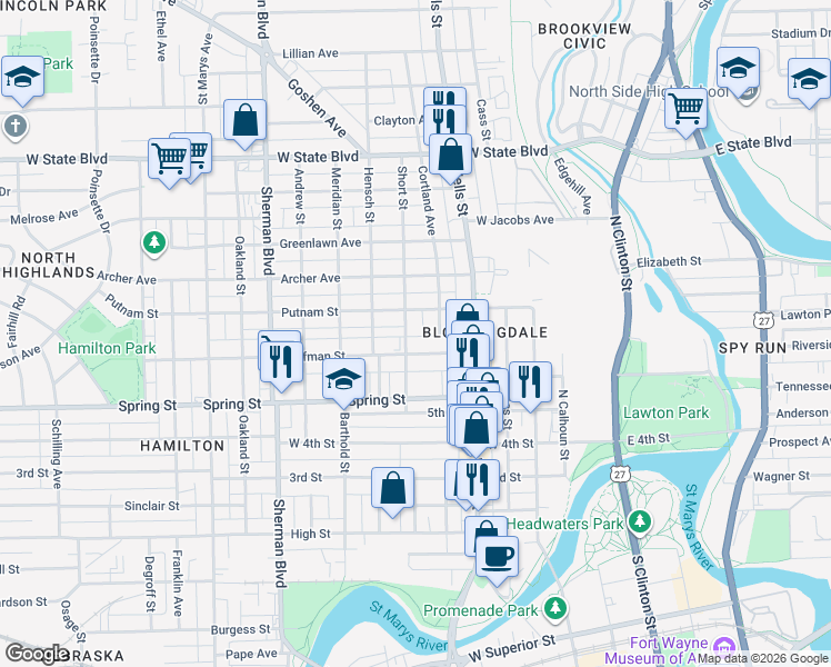 map of restaurants, bars, coffee shops, grocery stores, and more near 1705 Cortland Avenue in Fort Wayne