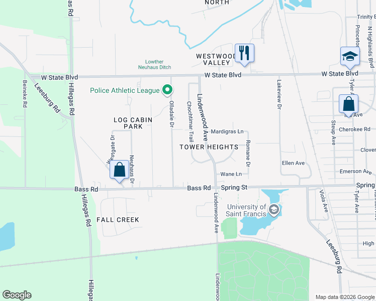 map of restaurants, bars, coffee shops, grocery stores, and more near 1725 Chochtimar Trail in Fort Wayne