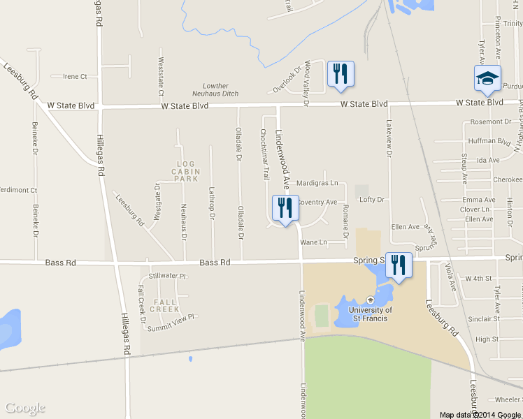 map of restaurants, bars, coffee shops, grocery stores, and more near 1725 Chochtimar Trail in Fort Wayne