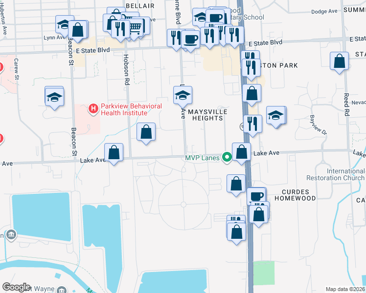 map of restaurants, bars, coffee shops, grocery stores, and more near 1515 Laverne Avenue in Fort Wayne
