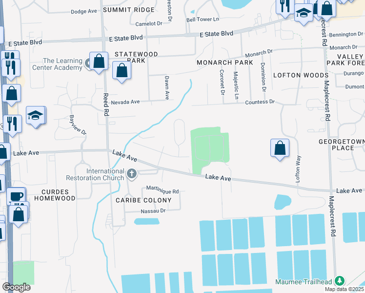 map of restaurants, bars, coffee shops, grocery stores, and more near 1422 Flagstone Drive in Fort Wayne