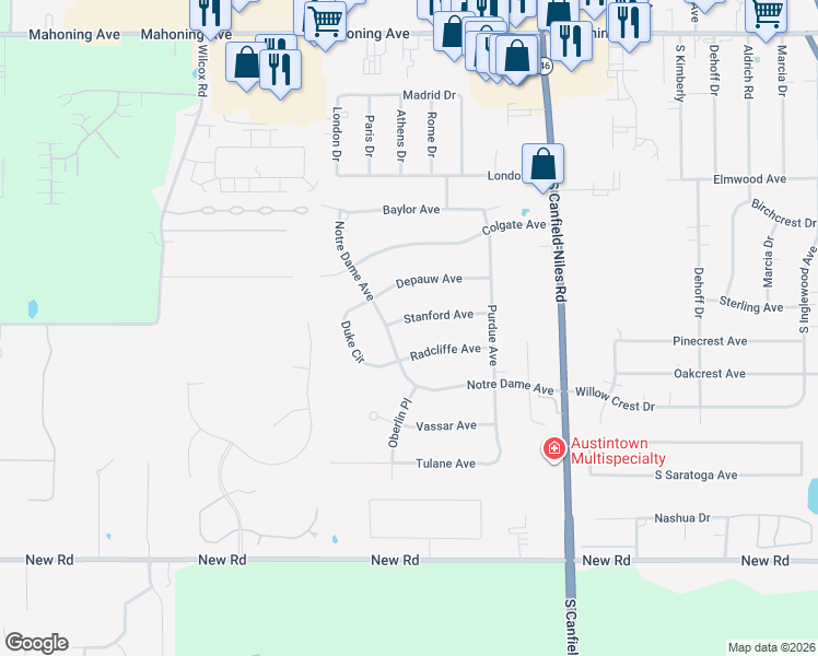 map of restaurants, bars, coffee shops, grocery stores, and more near 5683 Stanford Avenue in Youngstown