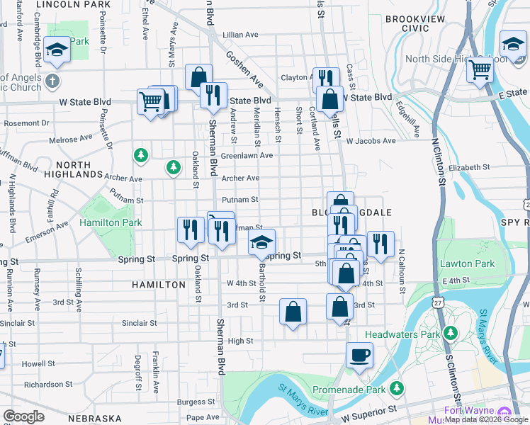 map of restaurants, bars, coffee shops, grocery stores, and more near 1728 Meridian St in Fort Wayne