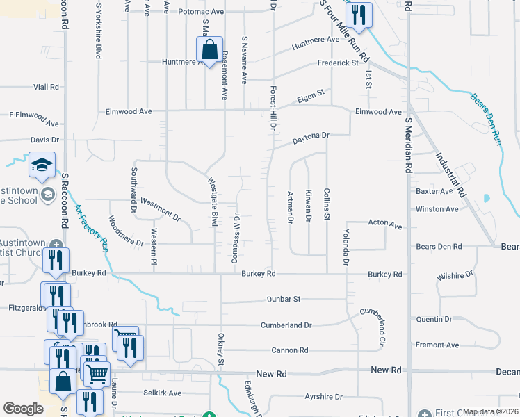 map of restaurants, bars, coffee shops, grocery stores, and more near 487 Forest-Hill Drive in Youngstown