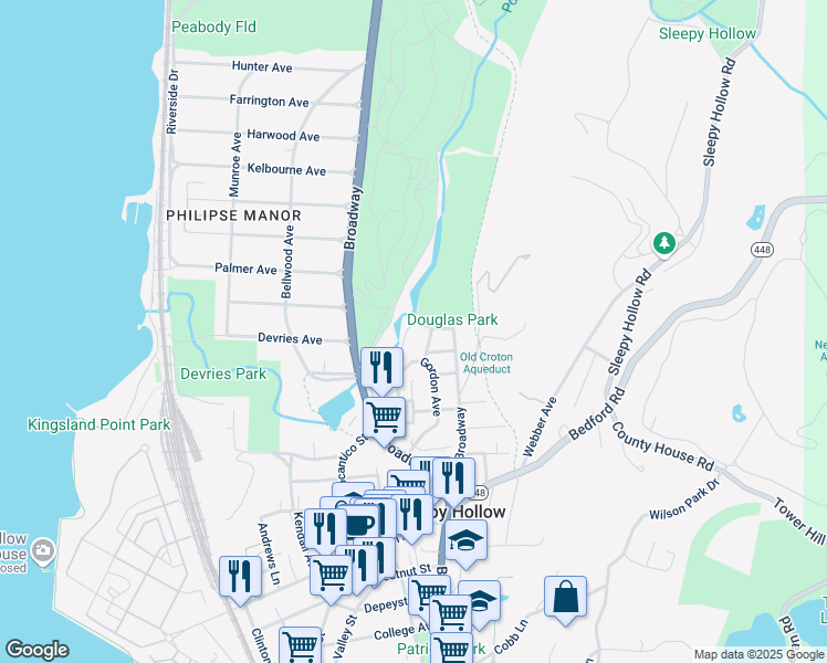 map of restaurants, bars, coffee shops, grocery stores, and more near 48 Dell Street in Sleepy Hollow