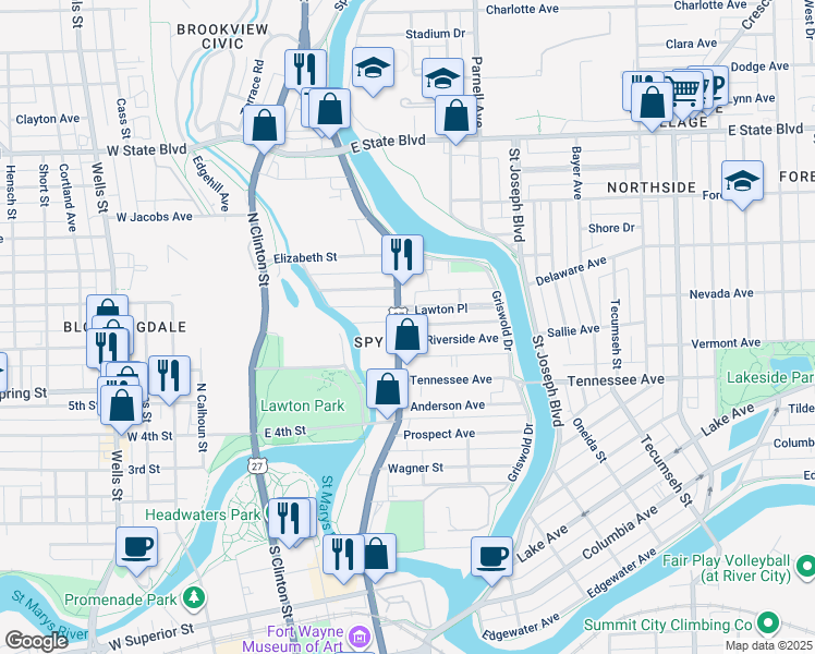 map of restaurants, bars, coffee shops, grocery stores, and more near 1702 Spy Run Avenue in Fort Wayne