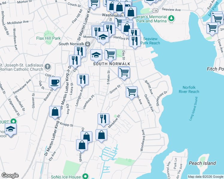 map of restaurants, bars, coffee shops, grocery stores, and more near 7 Grove Street in Norwalk