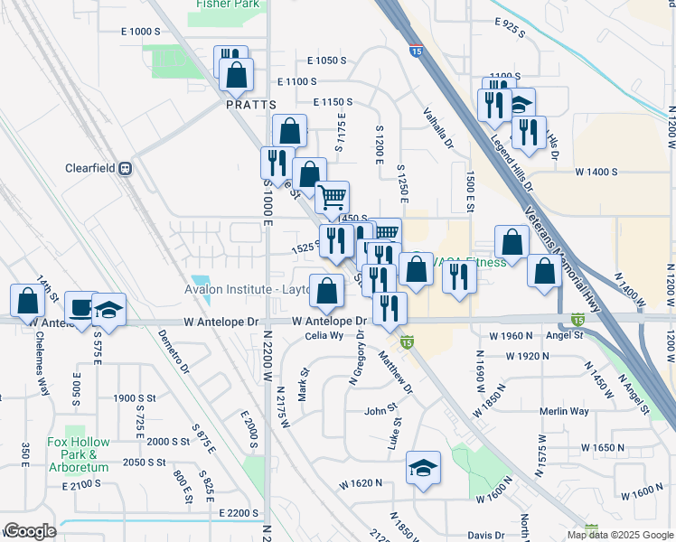 map of restaurants, bars, coffee shops, grocery stores, and more near 1580 State Street in Clearfield