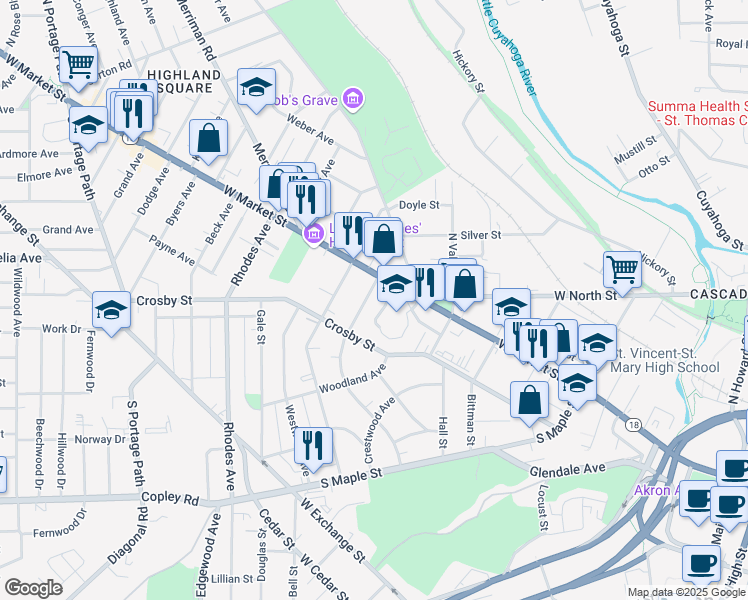 map of restaurants, bars, coffee shops, grocery stores, and more near 23 Oakdale Avenue in Akron