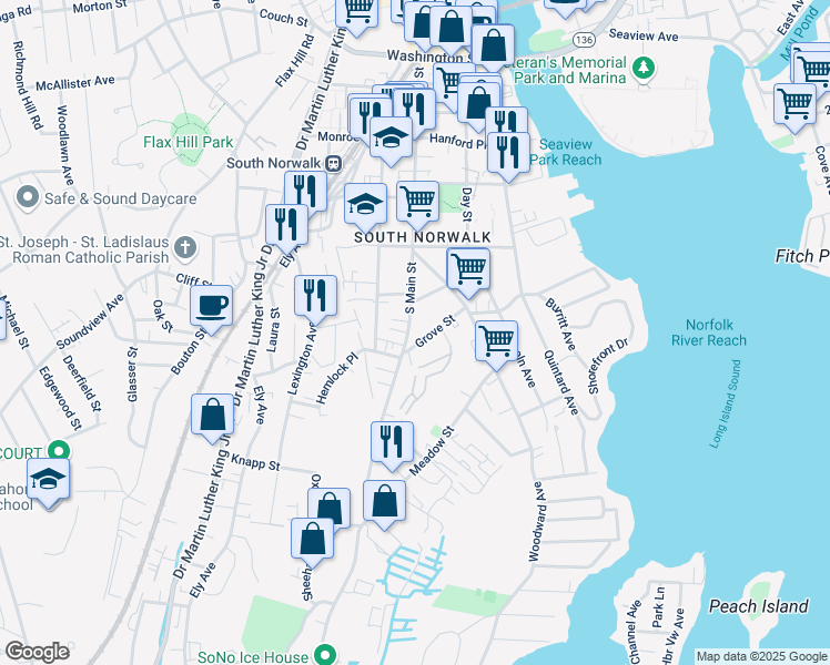 map of restaurants, bars, coffee shops, grocery stores, and more near 146 South Main Street in Norwalk