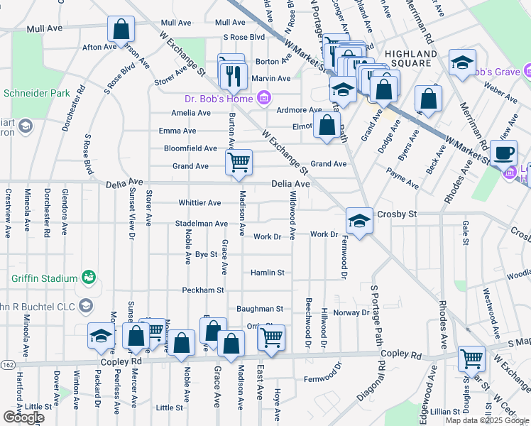 map of restaurants, bars, coffee shops, grocery stores, and more near 265 Norma Avenue in Akron