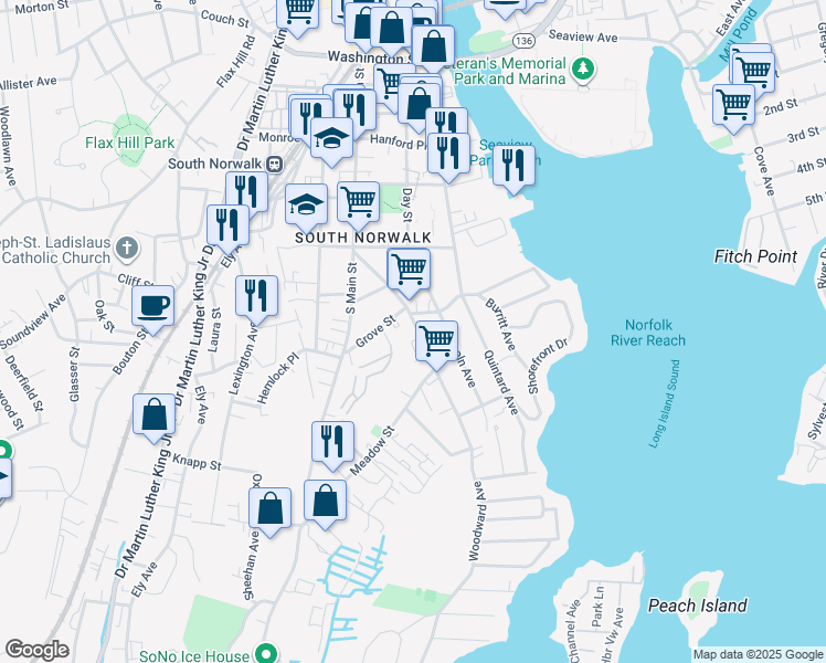 map of restaurants, bars, coffee shops, grocery stores, and more near 53 Woodward Avenue in Norwalk