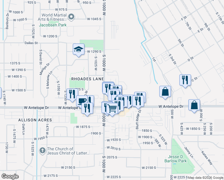 map of restaurants, bars, coffee shops, grocery stores, and more near 1558 South 950 West in Clearfield