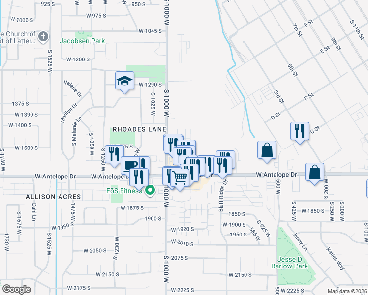 map of restaurants, bars, coffee shops, grocery stores, and more near 1557 South 920 West in Clearfield