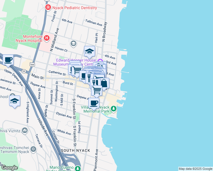 map of restaurants, bars, coffee shops, grocery stores, and more near 52A Main Street in Nyack