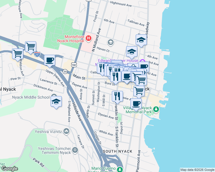 map of restaurants, bars, coffee shops, grocery stores, and more near 150 Burd Street in Nyack