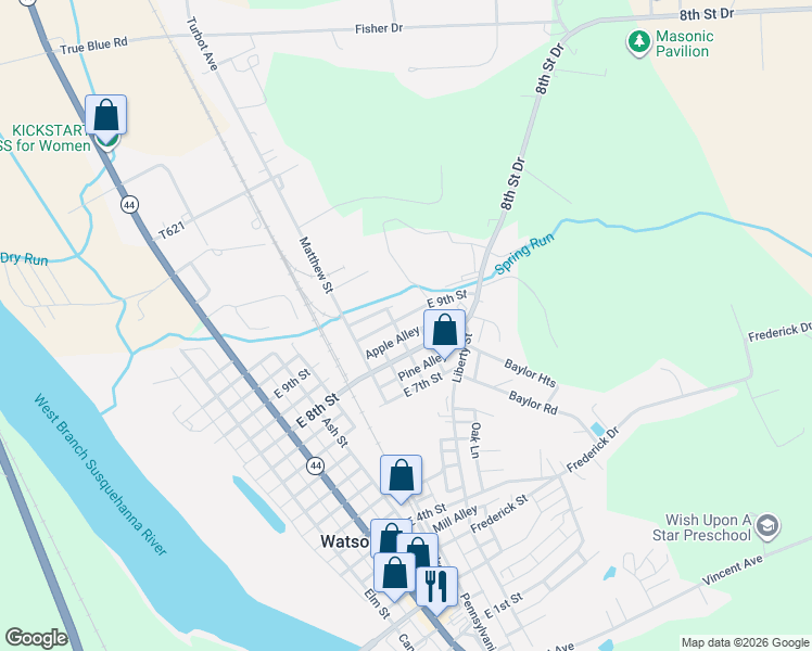map of restaurants, bars, coffee shops, grocery stores, and more near 218 East 9th Street in Watsontown