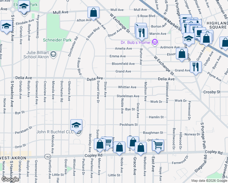 map of restaurants, bars, coffee shops, grocery stores, and more near 415 Storer Avenue in Akron