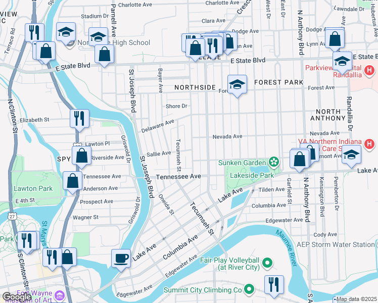 map of restaurants, bars, coffee shops, grocery stores, and more near 1615 Kentucky Avenue in Fort Wayne