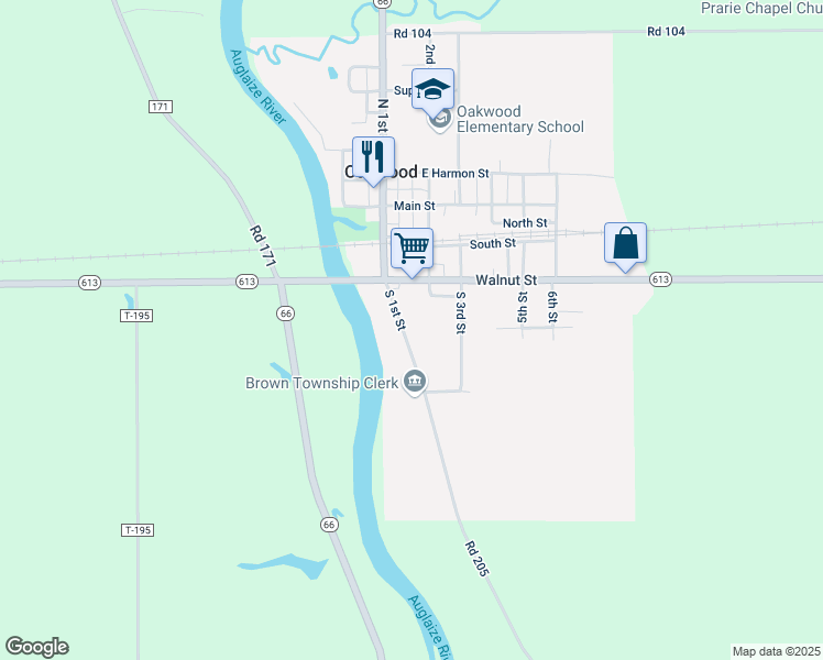 map of restaurants, bars, coffee shops, grocery stores, and more near 113 South 1st Street in Oakwood