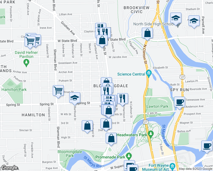 map of restaurants, bars, coffee shops, grocery stores, and more near 1723 North Wells Street in Fort Wayne