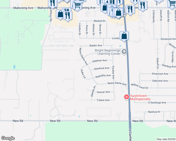 map of restaurants, bars, coffee shops, grocery stores, and more near 610 Notre Dame Avenue in Youngstown