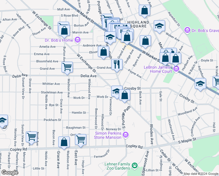 map of restaurants, bars, coffee shops, grocery stores, and more near 816 West Exchange Street in Akron
