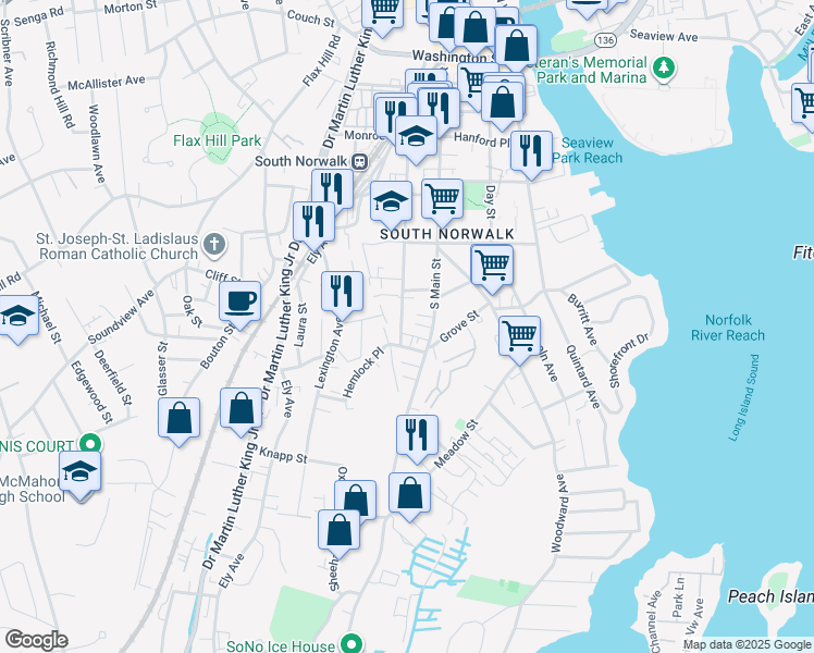 map of restaurants, bars, coffee shops, grocery stores, and more near 68 Chestnut Street in Norwalk