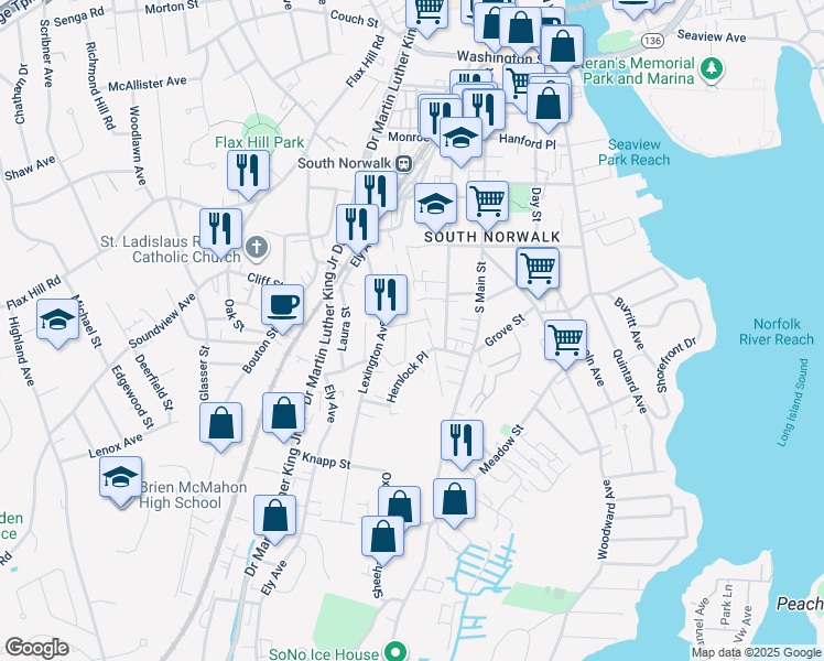 map of restaurants, bars, coffee shops, grocery stores, and more near 7 Olean Street in Norwalk