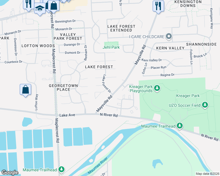 map of restaurants, bars, coffee shops, grocery stores, and more near 1202 Lake Forest Drive in Fort Wayne