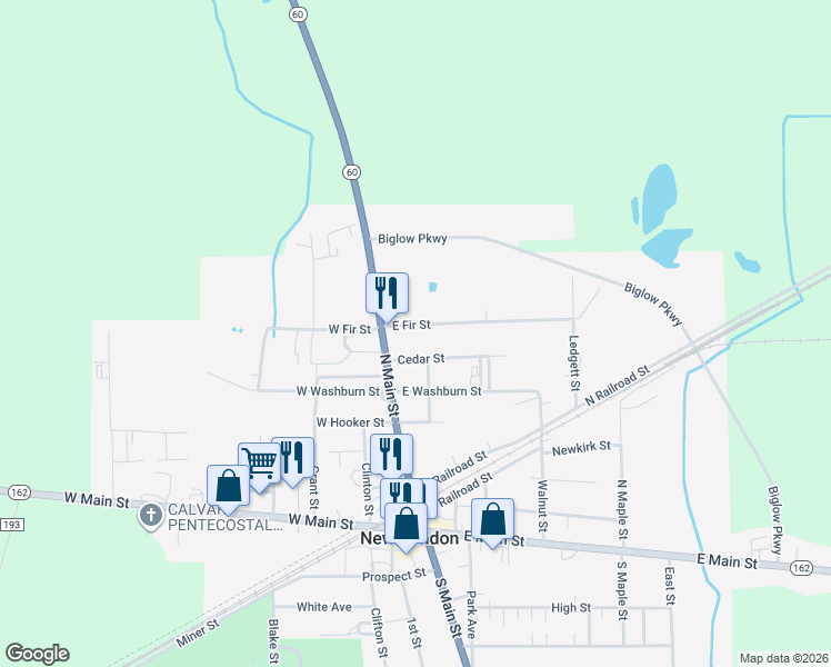 map of restaurants, bars, coffee shops, grocery stores, and more near 22 E Fir St in New London