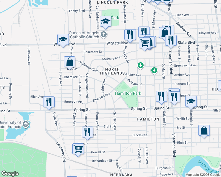 map of restaurants, bars, coffee shops, grocery stores, and more near 1607 Cherokee Road in Fort Wayne
