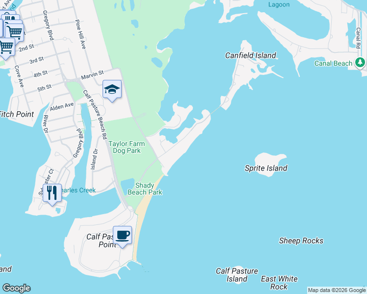 map of restaurants, bars, coffee shops, grocery stores, and more near 10 Shorehaven Road in Norwalk