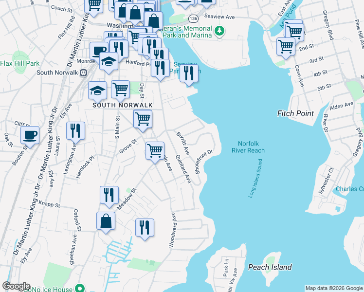 map of restaurants, bars, coffee shops, grocery stores, and more near 1 Shorefront Park in Norwalk