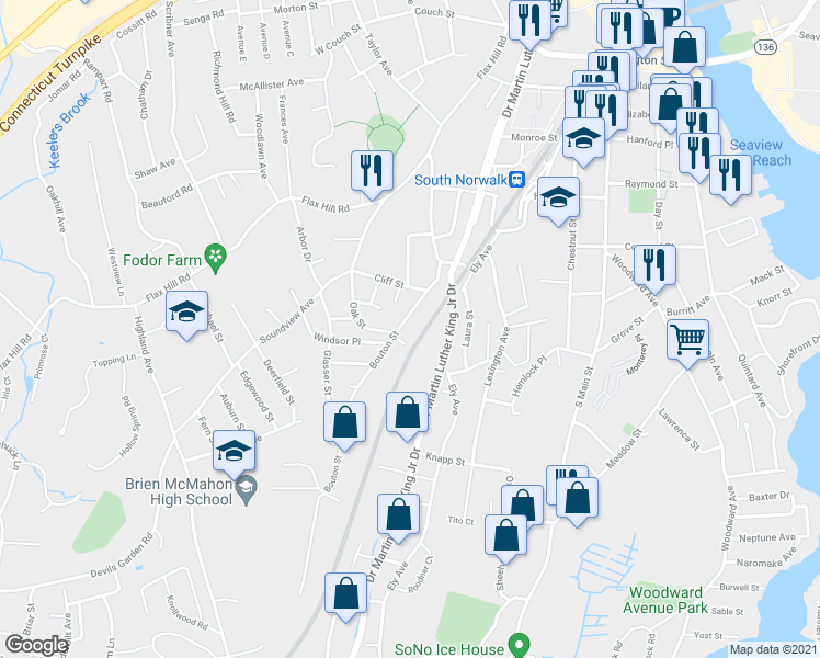 map of restaurants, bars, coffee shops, grocery stores, and more near 30 Bouton Street in Norwalk